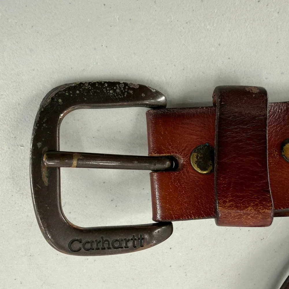 Carhartt Leather Belt Mens 44 Brown Contrast Stitch Distressed Workwear